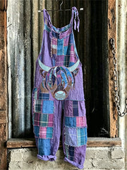 Damen-Jumpsuit im Vintage-Stil mit Hochlandrind-Muster, kariertem Patchwork-Print