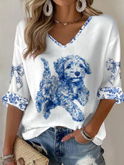 Damen-T-Shirt im chinesischen Stil mit Tiermotiv und Blau-Weiß-Porzellan-Print