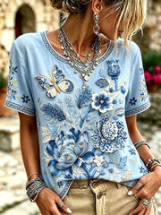 Damen-T-Shirts mit Pflanzen-, Blumen- und Schmetterlingsmuster