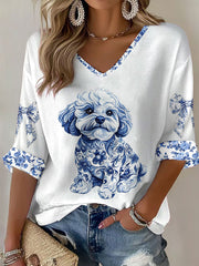 Damen-T-Shirt im chinesischen Stil mit Tiermotiv und Blau-Weiß-Porzellan-Print
