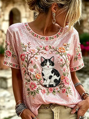 Damen-Blumen-und-Katzen-Leinen-Top mit kurzen Ärmeln