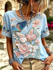 Damen-T-Shirts mit Pflanzen-, Blumen- und Schmetterlingsmuster
