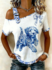 Damen-T-Shirt im chinesischen Stil mit Tiermotiv und Blau-Weiß-Porzellan-Print