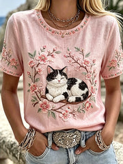 Damen-Blumen-und-Katzen-Leinen-Top mit kurzen Ärmeln