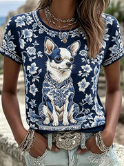 Damen-T-Shirts mit Blumenmuster und Hundemotiv