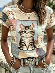 Damen-T-Shirt mit niedlichem Katzen-Print und kurzen Ärmeln