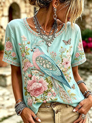 Damen-T-Shirts mit Papageien- und Blumenmuster