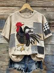 Damen-Vintage-Hahn-Motiv aus Faserkunst, Patchwork-Print, Leinen-T-Shirt