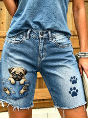 Kurze Damen-Jeans mit tierischem Kunst-Druck