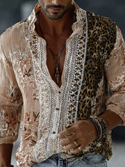 Herren-Boho-Hemd aus Leinen mit Leoparden- und Blumenmuster