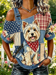 Damenmode Lässiges T-Shirt mit Hunde-Print
