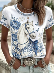 Damen-T-Shirts mit Blumen- und Pferdemotiv