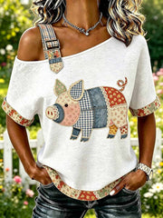 Frauen Mode Casual Schwein Muster Print T-Shirt