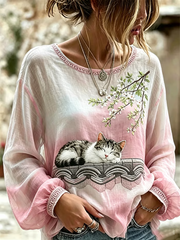Frauen niedliches Katzen-Print Baumwoll-Leinen-Hemd