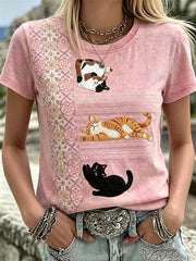 Damen Blumen und Katzen Kurzarm T-Shirt