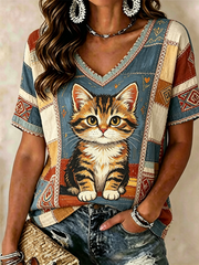 Damen-T-Shirt mit niedlichem Katzen-Print und kurzen Ärmeln