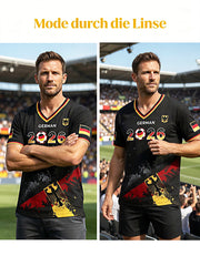 Herren-T-Shirt 2026 schwarz Fußball Deutschland-Print lässig V-Ausschnitt