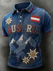 Herren-Poloshirt im Retro-Stil mit Jeans-Optik und Schneeberg-Landschaftsdruck, Kurzarm
