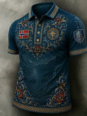 Herren-Poloshirt im Retro-Nordic-Stil mit norwegischem Kunstdruck, lässig geschnitten