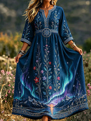 Damenkleid im Retro-Stil nach skandinavischer Art aus Baumwolle und Leinen mit norwegischem Kunstdruck