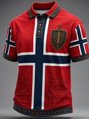 Herren-Poloshirt im Retro-Nordic-Stil mit norwegischem Kunstdruck, lässig geschnitten