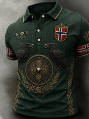 Herren-Poloshirt im Retro-Nordic-Stil mit norwegischem Kunstdruck, lässig geschnitten