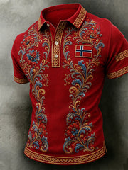 Herren-Poloshirt im Retro-Nordic-Stil mit norwegischem Kunstdruck, lässig geschnitten