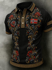 Herren-Poloshirt im Retro-Nordic-Stil mit norwegischem Kunstdruck, lässig geschnitten