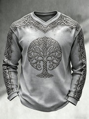 Herren Retro Viking-Themen-Print Lässiges Waffel-Strick-Langarm-Oberteil mit V-Ausschnitt