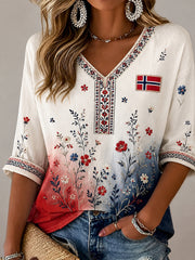 Damen-Retro-Top im nordischen Stil mit norwegischem Kunstdruck, bequem aus Baumwolle und Leinen