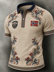 Herren-Poloshirt im Retro-Nordic-Stil mit norwegischem Kunstdruck, lässig geschnitten