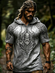 Herren Retro Viking-Themen bedruckter Kurzarm-Hoodie