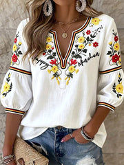 Damenweißes Baumwoll-Leinen-T-Shirt mit München-Blumenmuster und V-Ausschnitt, lässig geschnitten