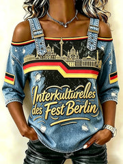 Damen-„Karneval der Kulturen“-Print Denim-Optik Casual Neckholder-Top