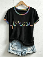 Damen-T-Shirt mit buntem Pfotenmuster