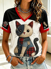 Damen-T-Shirt mit Katzenmotiv und V-Ausschnitt