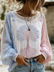 Damen-Top aus Baumwolle-Leinen im Vintage-Stil mit floraler Kunstprint-Optik