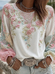 Damen-Top aus Baumwolle-Leinen im Vintage-Stil mit floraler Kunstprint-Optik