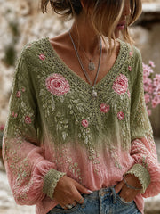 Damen-Top aus Baumwolle-Leinen im Vintage-Stil mit floraler Kunstprint-Optik