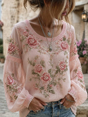 Damen-Top aus Baumwolle-Leinen im Vintage-Stil mit floraler Kunstprint-Optik
