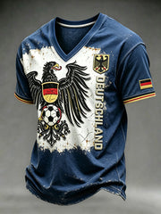 Herren-Vintage-T-Shirt in Marineblau mit deutschem Fußball-Print und V-Ausschnitt, lässiger Stil