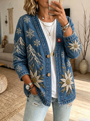 Damen-Denimjacke mit langen Ärmeln und Schneeberg-Landschaftsdruck
