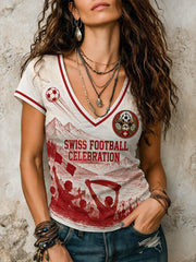 Damen-T-Shirt mit Fußballmotiv, kurzen Ärmeln und V-Ausschnitt