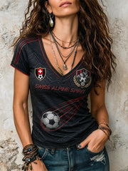 Damen-T-Shirt mit Fußballmotiv, kurzen Ärmeln und V-Ausschnitt