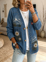 Damen-Denimjacke mit langen Ärmeln und Schneeberg-Landschaftsdruck