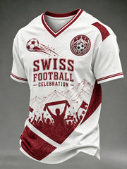 Herren-T-Shirt mit V-Ausschnitt und kurzen Ärmeln, bedruckt mit Fußballmotiven
