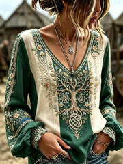 Damen-Retro-T-Shirt mit Wald-Lebensbaum-Viking-Muster