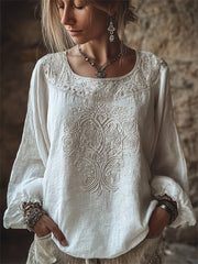 Damen-Edel-Shirt aus Baumwoll-Leinen mit weißer Rosen- und Walkürenlebensbaum-Print-Optik