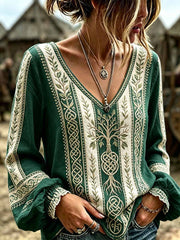 Damen-Retro-T-Shirt mit Wald-Lebensbaum-Viking-Muster