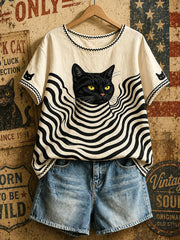 Damen-Amerikanische Retro-Oberteile mit geometrischem Muster und schwarzer Katze